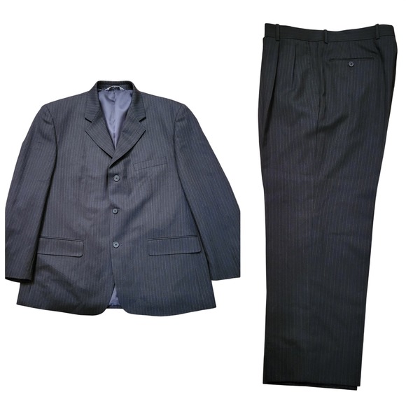 Versini Wool 2 Piece Suit Charcoal Black Chalk Stripe 44S 39W Jacket Pants